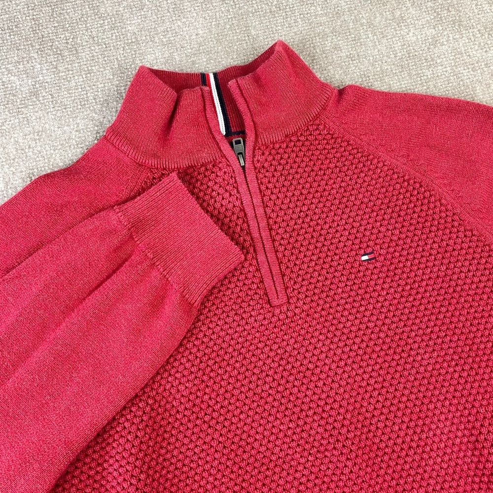 Tommy Hilfiger Sweater Mens XL Red Fisherman Knit Ribbed Mock Neck Quarter Zip